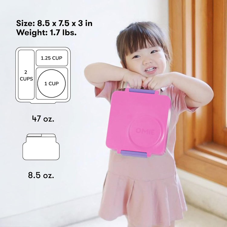 OmieBox Bento Box for Kids - Insulated Bento Lunch Box with Leak Proof Vacuum Insulated Food Jar - 3 Compartments, Two Temperature Zones (Unicorn Pink)