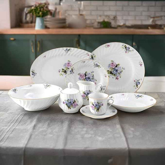 Lynns Paradise 45-Piece Serafina Dinnerware Set, 24K Gold Trim Embossed Swirl Floral Plates & Bowls Apartment Essentials Home Kitchen Dinner Accessories