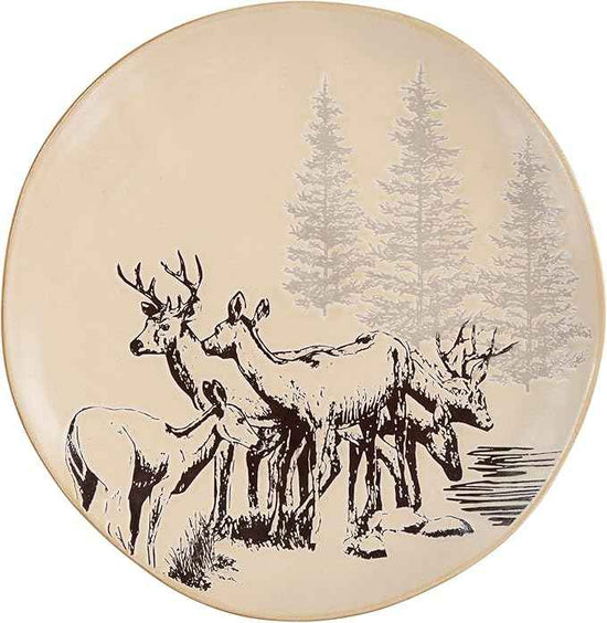 Paseo Road White Pine 16 Piece Ceramic Dinnerware Set, Pine Tree Bear Deer Moose Fox Print, Modern Rustic Cabin Lodge Dish Set with Plates, Bowls, Mugs