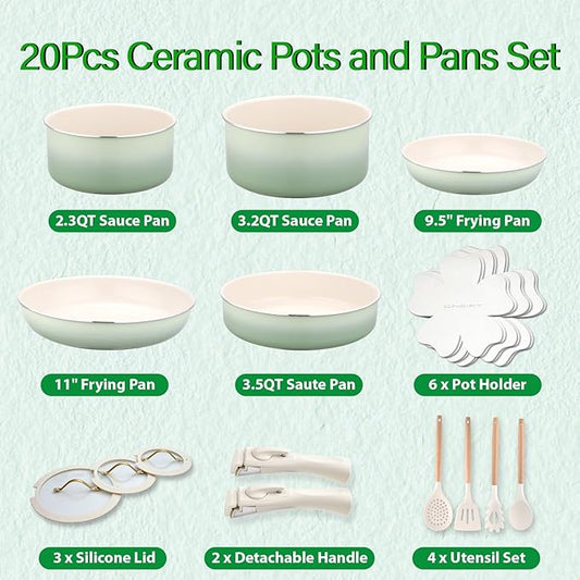 ONGIFT 20pcs Ceramic Cookware Set Nonstick, Detachable Handle Pots and Pans Set, Non Toxic,No PFAS & PTFE & PFOA, Dishwasher/Oven Safe, RV Kitchen Set Removable Handle for Cooking, Green