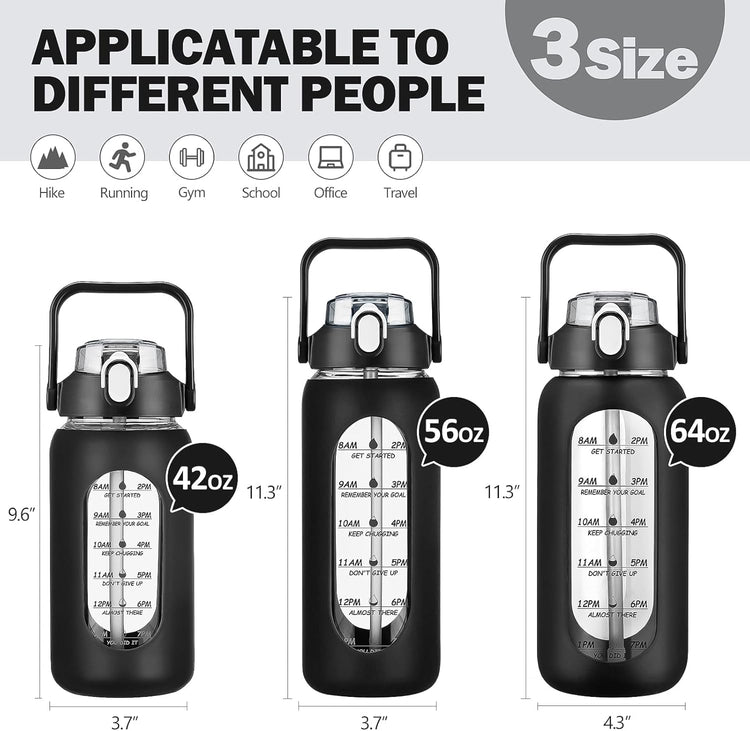 kytffu 42oz Glass Water Bottles with Straw, Motivational Glass Bottle with Silicone Sleeve and Time Marker, Leakproof Large Glass Water Jug for Gym Home Office,Black