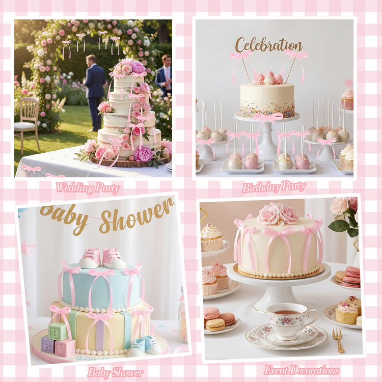 30 Pack Bow Cake Toppers Pink Ribbon Bows for Cake Back to School Decor (30 Count)