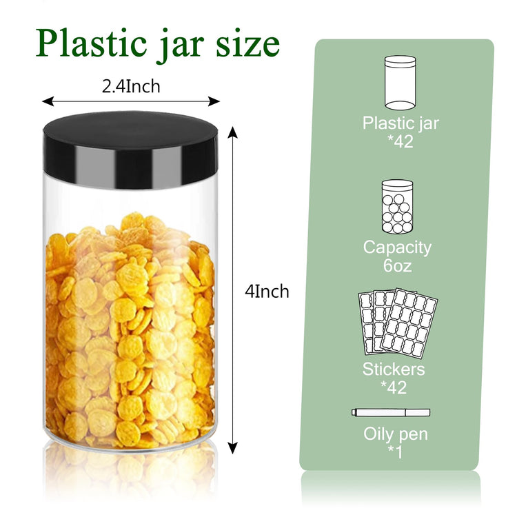Plastic Jars with Lids 6OZ 42PCS Small Empty Slime Cosmetics Containers Clear Gift Food Jars Round PET Cream Jars with Black Lids Pen Labels for Kitchen Storage Spices Dry Food Body Butter (42 Count)