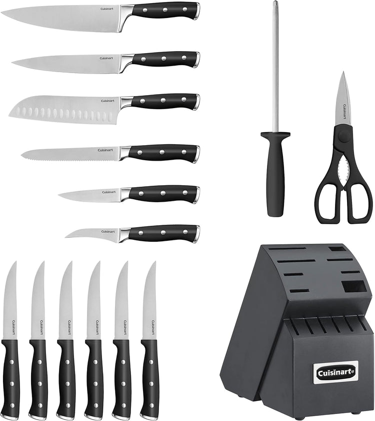 Cuisinart 15-Piece Knife Set with Block, High Carbon Stainless Steel, Forged Triple Rivet, Black/Black C77BTR-15PBK