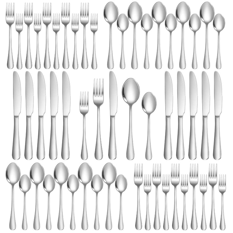 Silverware Set 50 Piece Stainless Steel Flatware Set Silverware Utensils for 10 People Includes Forks Knives Spoons & Salad Forks Dishwasher Safe for Home Restaurant or Outdoor Use (50 Count)