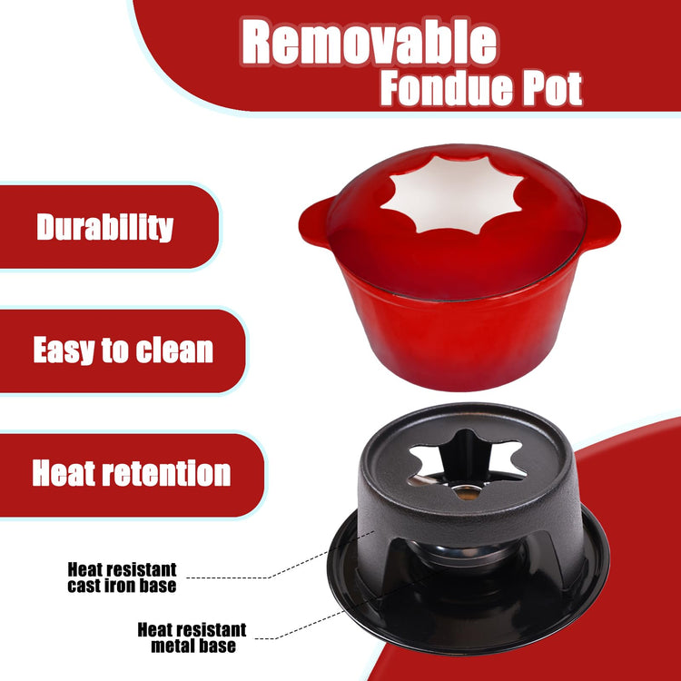 Cast Iron Fondue Pot Set Red Enameled 1.6 Qt for Cheese