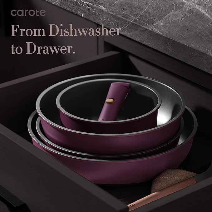 CAROTE 21pcs Pots and Pans Set, Nonstick Cookware Set Detachable Handle, Induction Kitchen Cookware Sets Non Stick with Removable Handle, RV Cookware Set, Gold and Purple