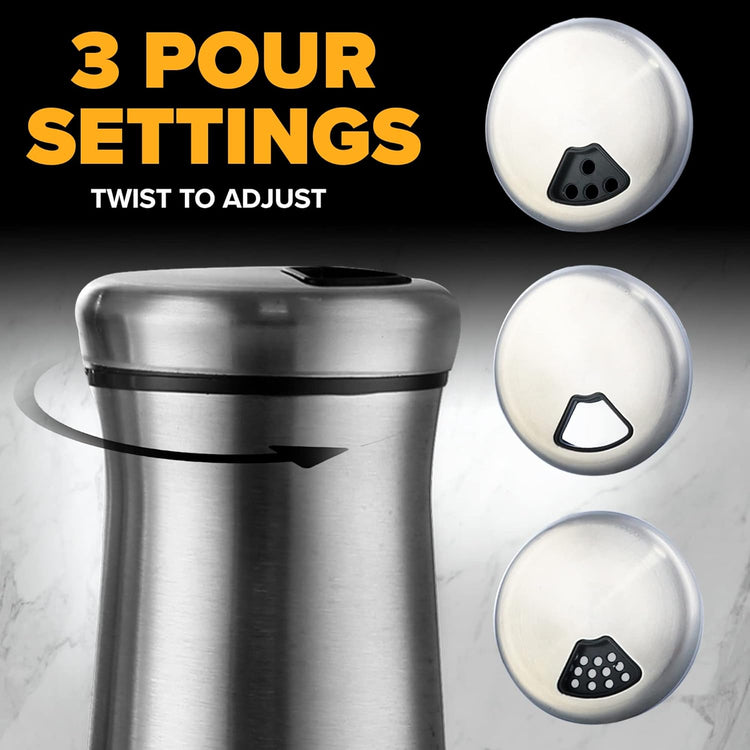 The Original Salt and Pepper Shakers set - Silver- Spice Dispenser with Adjustable Pour Holes - Stainless Steel & Glass Set of 2 Bottles