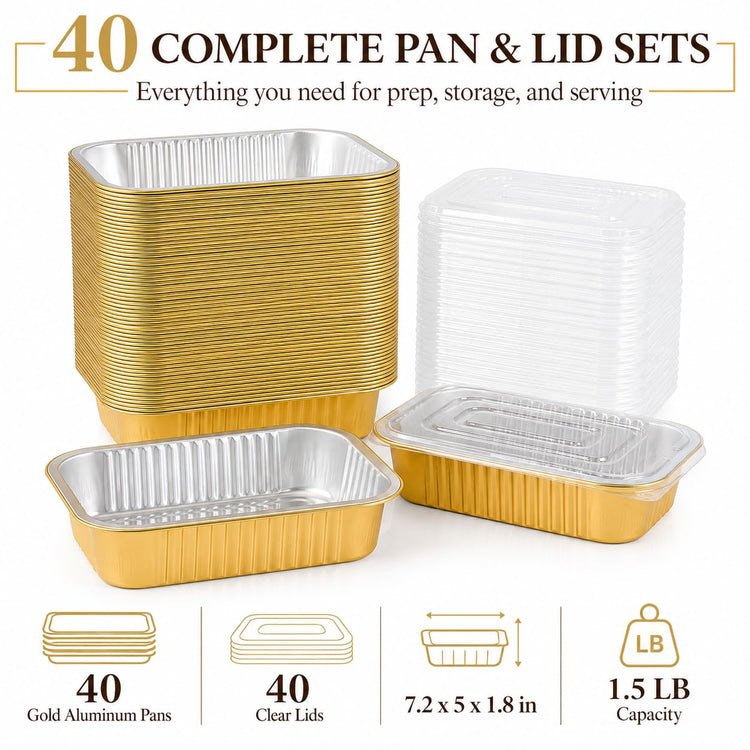 40 Pack 1.5 LB 7.2"×5"×1.8" Aluminum Pans with Lids Heavy Duty (40 Count)