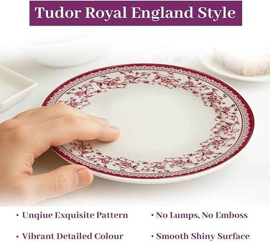 TUDOR Royal Collection 12-Piece Round Porcelain Dinnerware Set, Service for 4 with Dinner Plates, Bowls, and Salad Plates, Aster Pink Red Floral Design, High Gloss Finish, Durable & Premium Quality