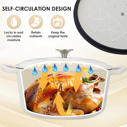 LIFERUN 6 Qt Enameled Cast Iron Dutch Oven Pot with Lid，Oven Safe up to 500° F, Non-Stick Dutch Oven with Dual Handles for Bread Baking, Fry Foods, Braising, Stews, Roasting (White) - Nestoria