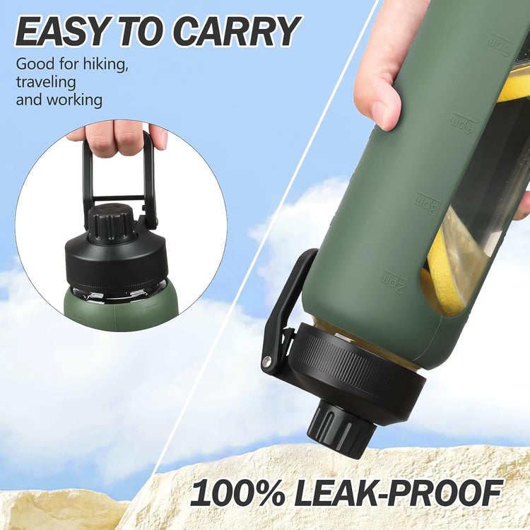 Glass Water Bottle with Straw, 24oz Glass Drinking Bottle with 2 Lids-Bamboo and Spout Lid with Phone Holder Handle for Gym Sports,with Silicone Sleeve and Time Marker,Olive