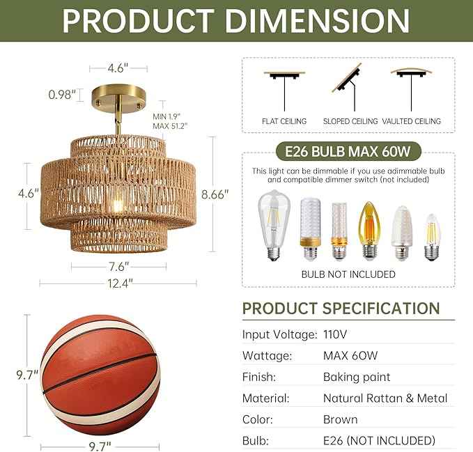 12.4” Boho Rattan Chandelier Light Fixture, 1-Light Hand Woven Pendant Light Fixture Farmhouse Rustic Hanging Lamp for Kitchen Island Bedroom, Dining Room, Living Room, Entryway, Foyer