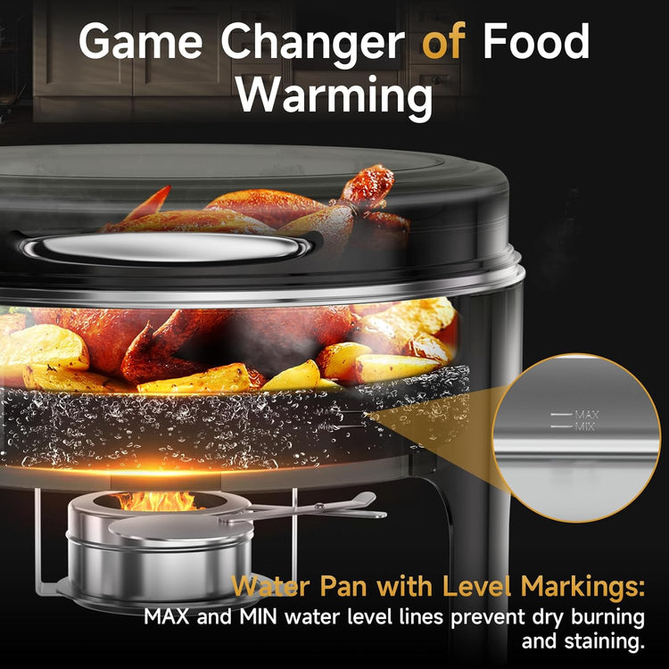 Chafing Dishes for Buffet, 6QT Round Stainless Steel Chafing Dish with Transparent Hydraulic Lid, 304 Food Pan, Buffet Warmer for Parties and Events (Black)
