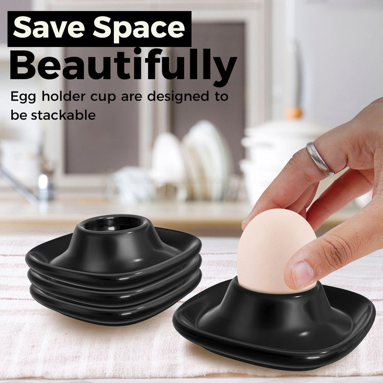 Flexzion Soft Boiled Egg Holder Set - 4-Piece Black Ceramic Egg Cup, Stackable Egg Coddler Cups with Base for Serving, Breakfast, Brunch - Kitchen Table Decor, Black