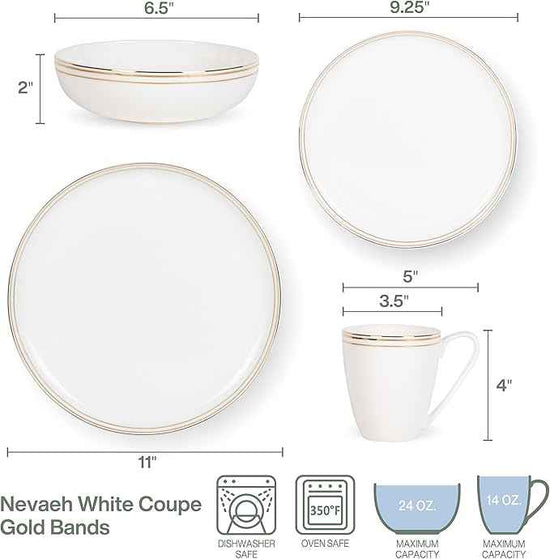 Everyday White by Fitz and Floyd Nevaeh Bone China Coupe Gold Bands Dinnerware Set, Service for 4