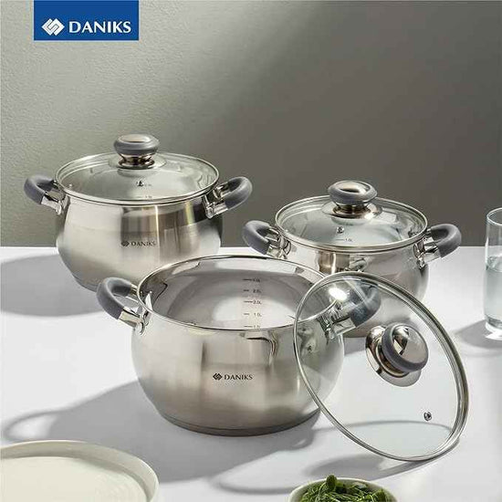 Daniks Modern 6-Piece Stainless Steel Cookware Set with Glass Lids, Tri-Ply Bases for Even Heating, Induction Compatible, Dishwasher Safe, Heatproof Handles