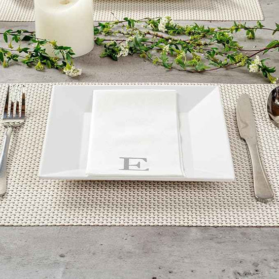 Luxenap 15.8 X 7.9 Inch Linen-Feel Guest Towels, 2000 Lettered Hand Towels - Silver Letter 'E', Sans Serif Font, White Paper Dinner Napkins, airlaid, For Restrooms And Tables - Restaurantware