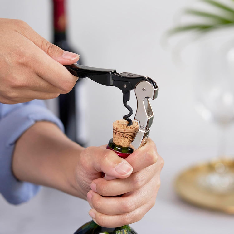 True Brands TrueTap Double Hinged Waiters Corkscrew, Top-notch Stainless Steel Opener with Foil Cutter Built to Last Wine Key Black Silver, Set of 1