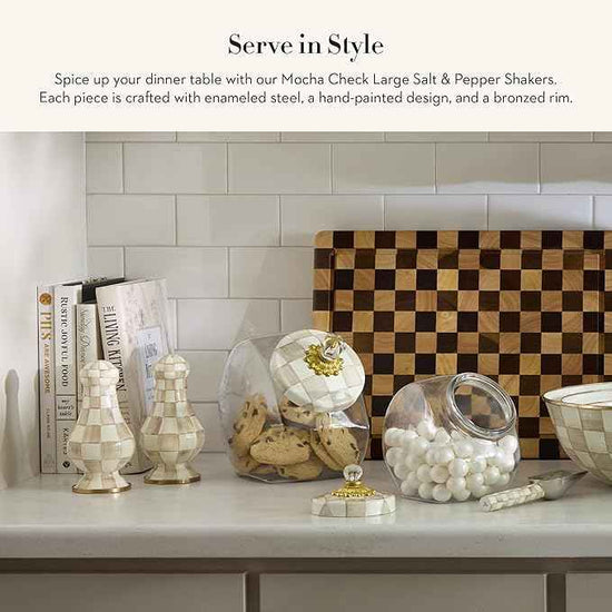MACKENZIE-CHILDS Enamel Salt and Pepper Shakers, Kitchen Table Spice Shaker Set, Brown-and-White Mocha Check, Large
