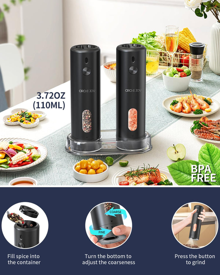 Rechargeable Electric Salt and Pepper Grinder Set with Base