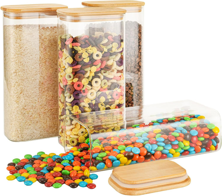 64oz Rectangle Airtight Glass Storage Containers with Bamboo Lids (Set of 4), Square Food Storage Jar, Pantry Organizers for Cereal, Flour, Pasta and Coffee beans (‎with Black Lable)