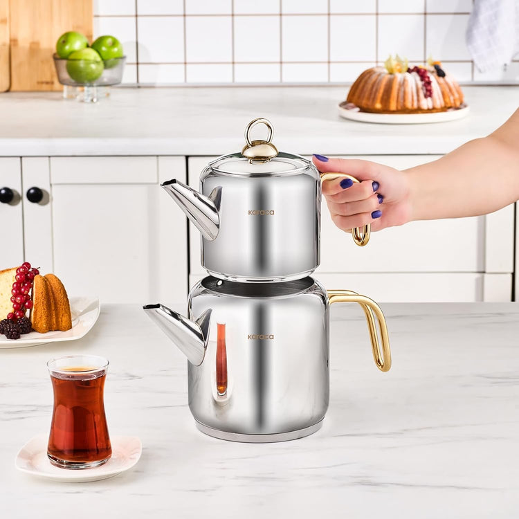 Karaca New Mira Turkish Tea Set for Stovetop, Induction Base Stainless Steel Tea Maker (1L Teapot & 2L Tea Kettle), Dishwasher Safe, Non-Burning Gold Handles Samovar Style