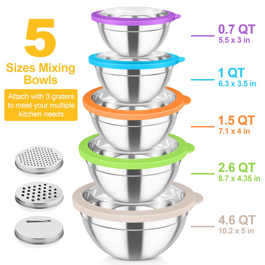 Mixing Bowls Stainless Steel Salad Serving Bowl with Clear Lids (5 Count)