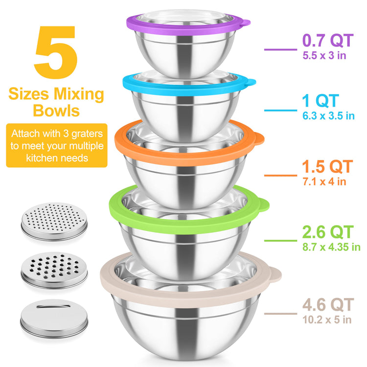 Mixing Bowls Stainless Steel Salad Serving Bowl with Clear Lids (5 Count)