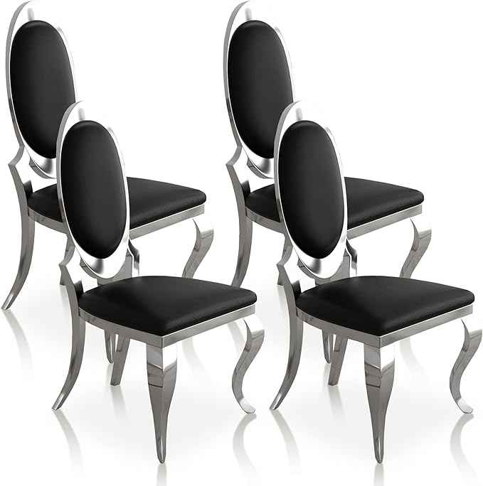 Modern Dining Chairs Set of 4, Luxury Faux Leather Upholstered Armless Dining Room Chair with Mirrored Stainless Steel Silver Legs, Mid Century Accent for Wedding Party Banquet Reception, Black