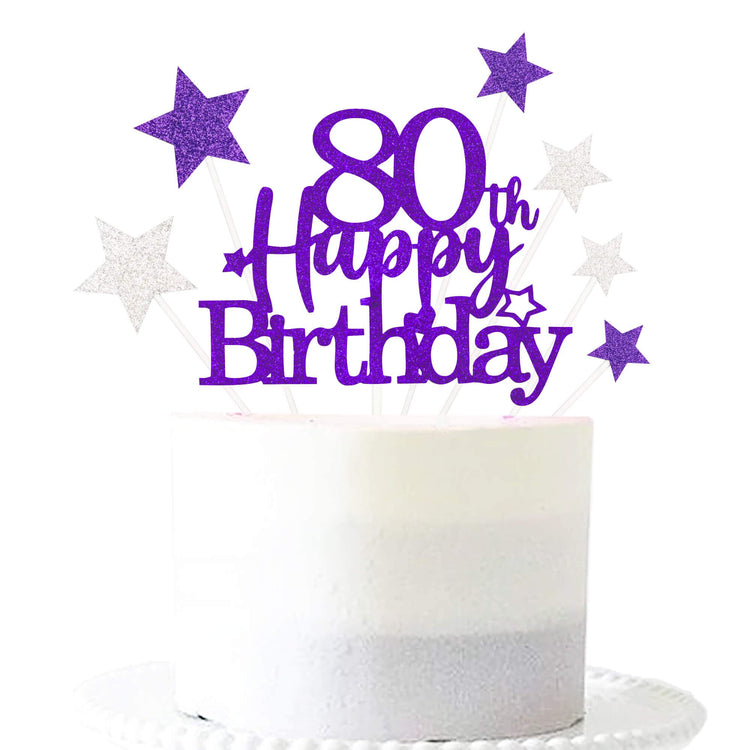 Purple Silver 80th Birthday Cake Topper with Glittery Stars
