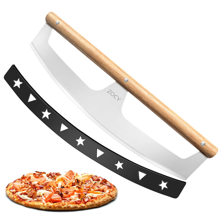 Pizza Cutter Rocker with Wooden Handles & Protective Cover by ZOCY