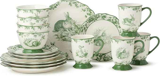 Le Jardin Bunny 16-Piece DINNERWARE SET, SERVICE FOR FOUR – Elegant Stoneware Plates, Bowls & Mugs for Springtime, Easter, Garden Parties & Everyday Charm – Scalloped Floral Toile Design