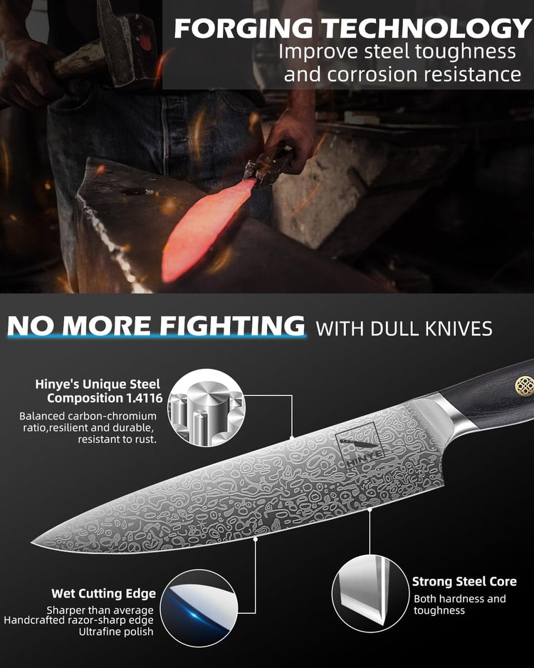 Professional 8" Kitchen Knife, Flex Core German Steel, Non Slip Blackwood Handle. Anti-Stick Blade, Dishwasher Safe, Heavy-Duty for Meat & Veggies