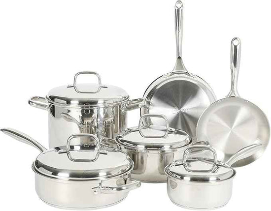 Oster Platinum Sedwick Stackable Stainless Steel Pots and Pans Cookware Set W/Domed Stainless Steel Lids W/TriPly Encapsulated Base - Induction Safe