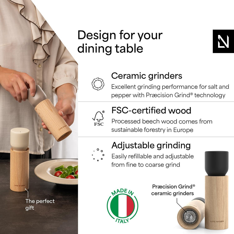 LARS NYSØM Wooden Salt and Pepper Grinder Set Manual - Salt and Pepper Mills with Adjustable Ceramic Grinder - Elegant Beechwood Pepper and Salt Mill Set for Dining Table (Carbon Black)
