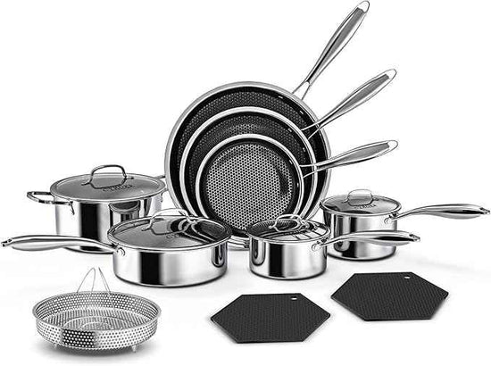 Nonstick Pots and Pans Set, 14 Piece Hybrid Hex Non Stick Stainless Steel Cookware with Frying Pans, Saute Pan, Saucepans & Stock Pot - Induction Compatible, Dishwasher &Oven Safe, PFOA Free