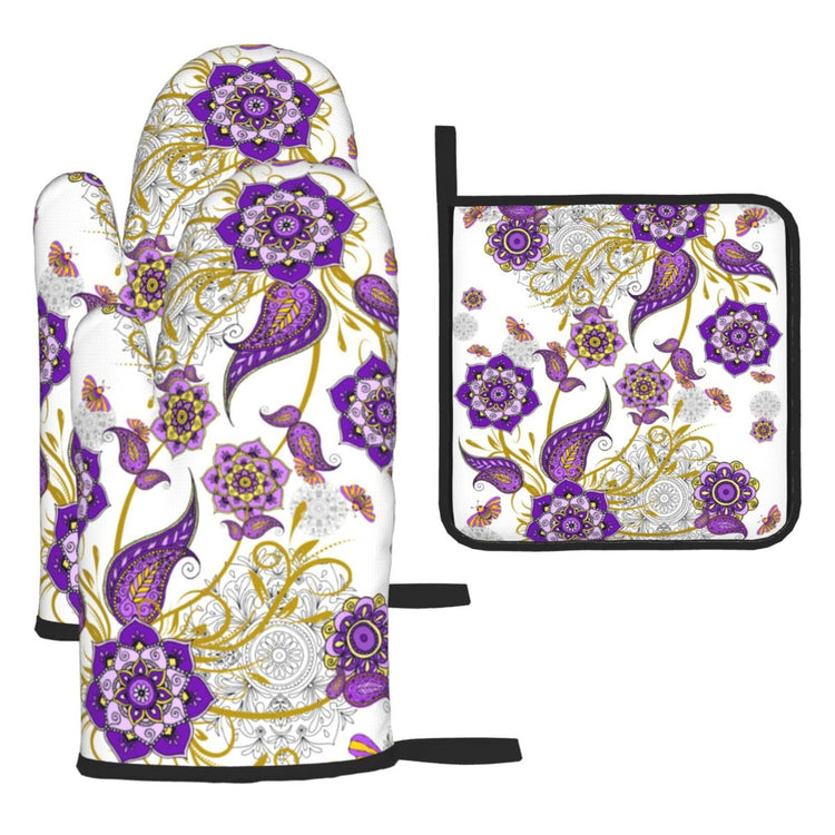 Purple Flower Oven Mitts and Pot Holders Sets of 3 Kitchen Decor (3 Count)