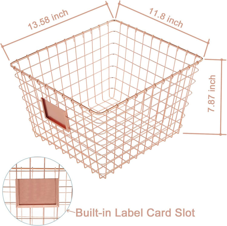 4 Pack【Extra Large】 Wire Handmade Storage Basket for Organizing Household Goods,Pantry Organization,Bathroom countertop,Laundry,Wardrobe Storage Basket,Rose Gold
