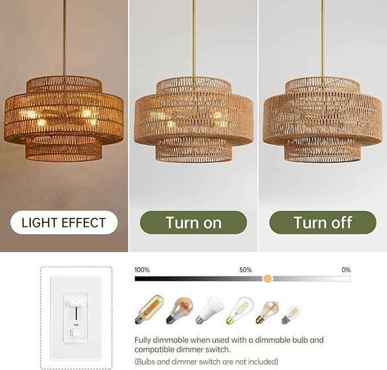 4-Light Boho Rattan Chandelier Light Fixture, 17.7” Hand Woven Rustic Chandeliers Farmhouse Chandelier Hanging Light for Dining Room Kitchen Island, Living Room, Foyer