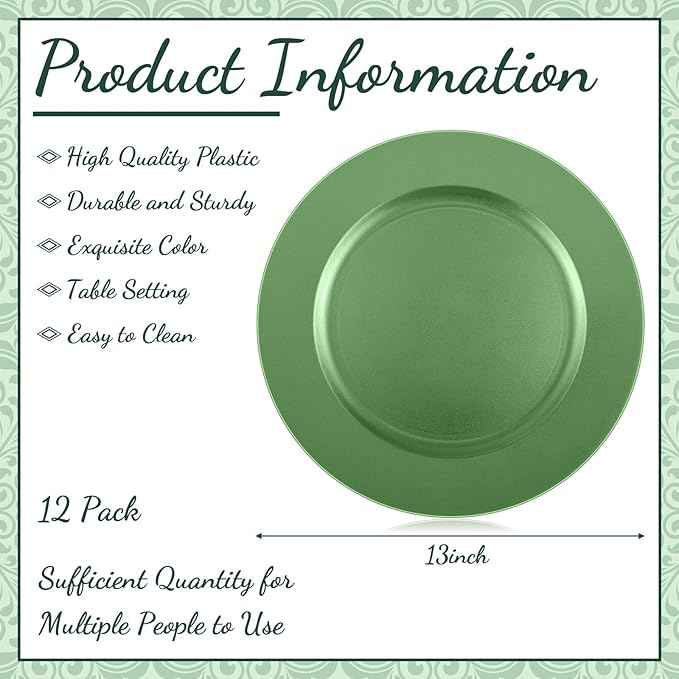 Tanlade 12 Pcs 13 Inch Charger Plates Bulk Round Wedding Chargers Plastic Dinner Plates for Table Setting Wedding Party Decoration (Green)