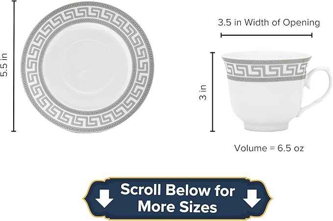 Dinnerware Set for 8-49 Piece Vintage Porcelain Dish Set - White and Silver Greek Key Design - Luxurious Tableware - For Everyday Use or Formal Occasions (Meander Silver 2049)
