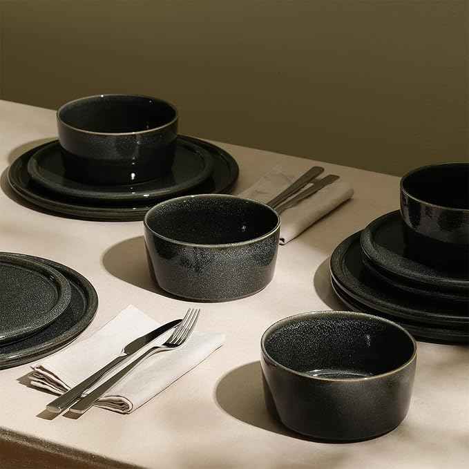 Stone Lain Eden 24-Piece Dinnerware Set Stoneware, Plates and Bowls Set, Dishwasher and Microwave Safe Dish, Dish Set for 8, Charcoal Grey