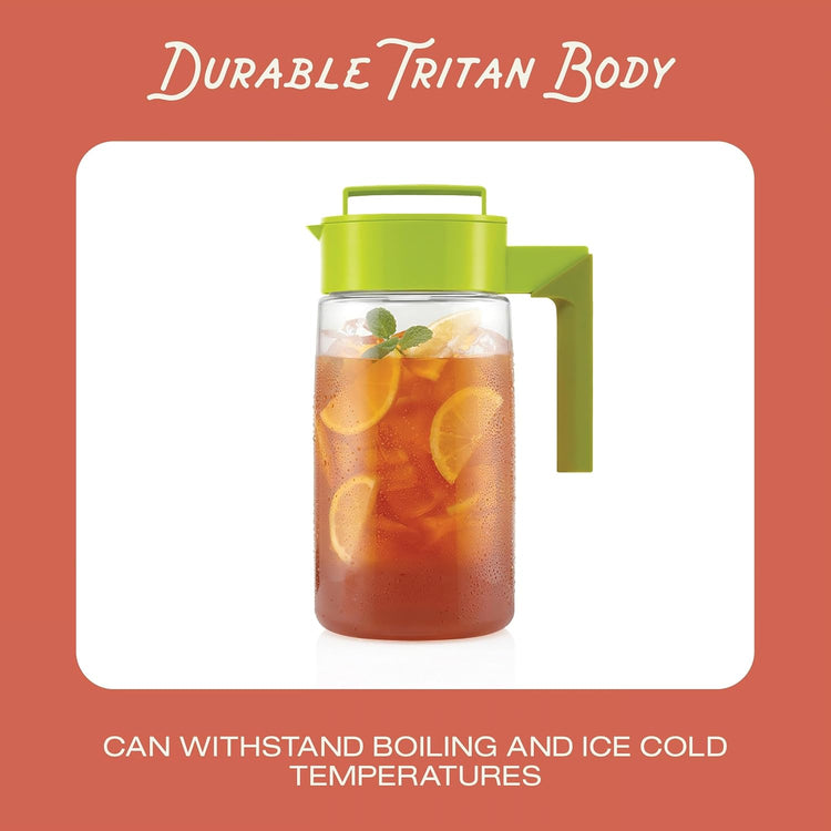 Takeya Flash Chill Iced Tea Maker - Airtight & Durable Iced Tea Maker Jug with Silicone Carry Handle - Leak-Proof & Lightweight Tea Infuser with Patented Flash Chill Technology - 2 Quart, Avocado