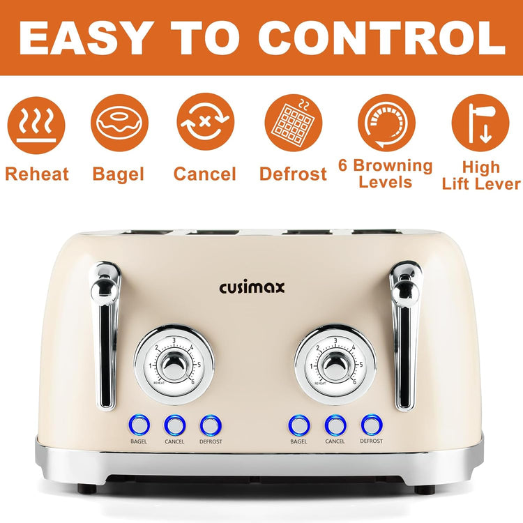CUSIMAX Retro 4 Slice Toaster With Wide Slots for Bagels, Stainless Steel, 6 Toast Settings, Bagel, Cancel, Defrost & Reheat Functions, Dual Independent Control Panels, Cream