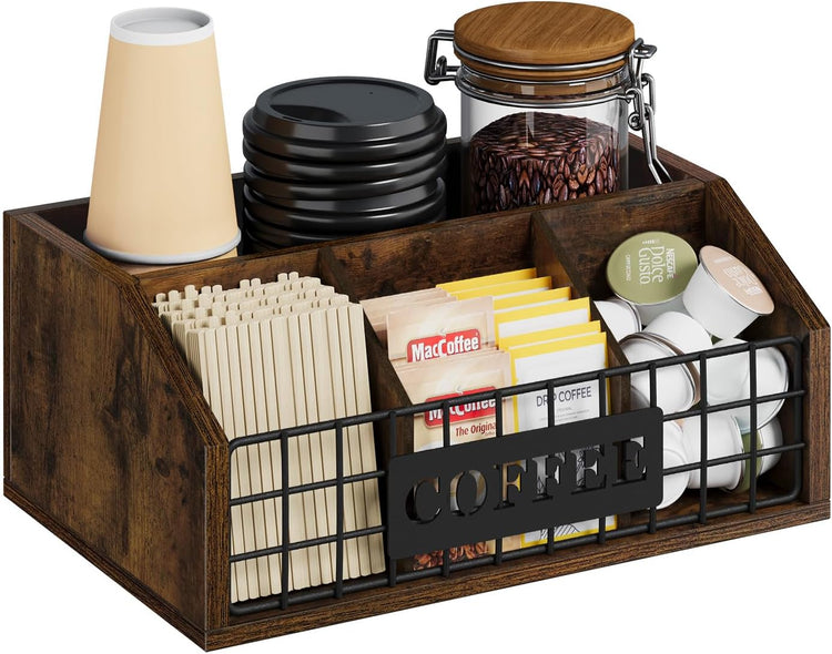 YINMIT Coffee Station Organizer for Countertop, Wood Coffee Bar Organizer with Removable Dividers for Pods, Syrup, Cups, Stirrer, Tea - Office Bar Accessories, Iron Wire-Vintage Brown