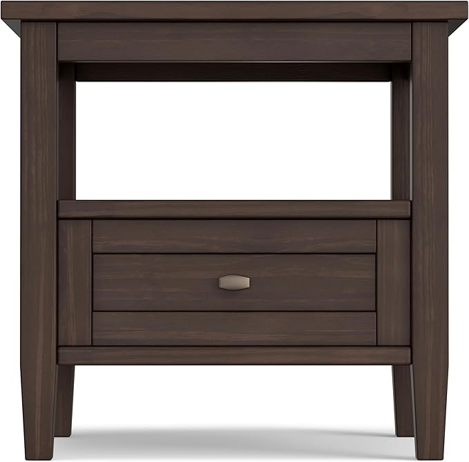 SIMPLIHOME Warm Shaker End Table - 20 inch Wide Solid Wood Side Table in Warm Walnut Brown, Transitional Accent Table for Living Room or Bedroom with Drawer, Open Shelf and Square Tapered Legs