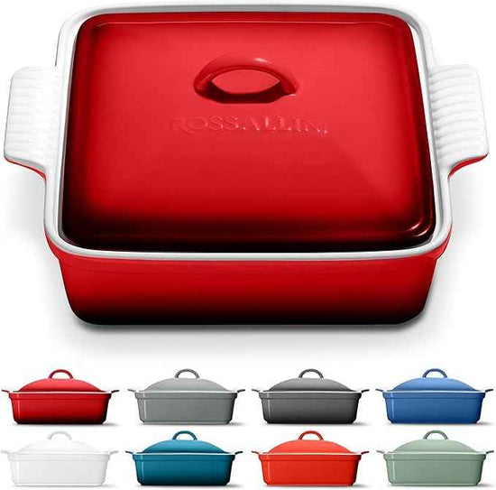 Stoneware Casserole Dish Bakeware with Lid | Covered Square Dinnerware | Medium 2 Quart, [Deep Red]