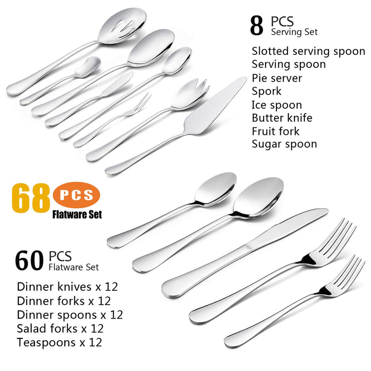 68 Pieces Silverware Set with Serving Utensils