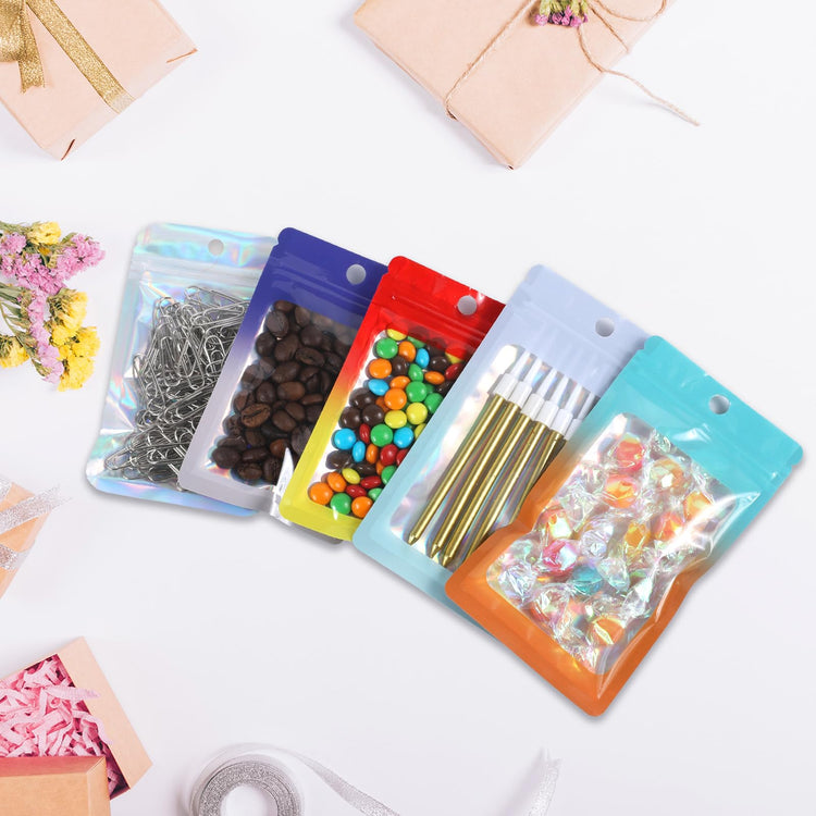 200 Pack Resealable Mylar Holographic Bags Food Storage Smell Proof Bags with Front Window Foil Packaging Pouch for Candy Sample Jewelry Small Business 3.54×6.29 Inch (200 Count)